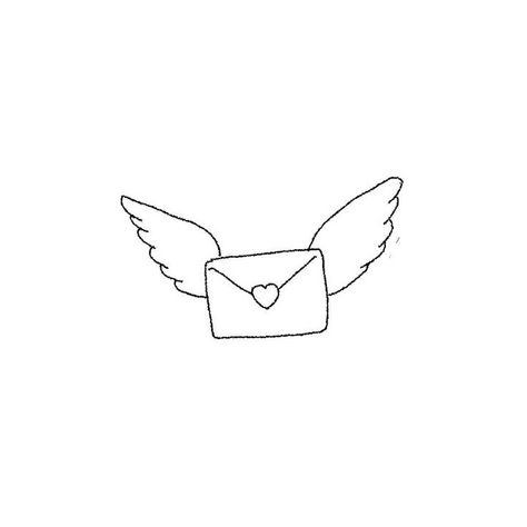 Heart Envelope Drawing, Mail Letter Tattoo, Love Letter Tattoo Envelope, Angel Wings Doodle, Angel Doodles, Angel Line Drawing, Heart Envelope Tattoo, Heart Wings Tattoo, Wings Doodle