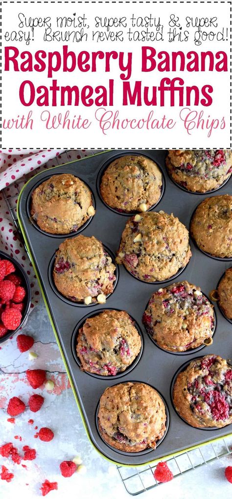 Oatmeal Raspberry, Muffins Oatmeal, Muffins Homemade, Muffins Banana, Raspberry Banana, Muffins With Chocolate, Raspberry Oatmeal, Scone Recipes, Banana Oatmeal Muffins