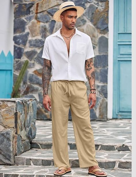 Men's linen loose pants are lightweight and breathable bottoms made from linen fabric. They typically have a relaxed fit with a loose leg opening, providing comfort and ease of movement. These pants often feature an elastic waistband or drawstring closure for an adjustable fit. Linen is a natural fabric that is known for its ability to keep the body cool in hot weather, making these pants ideal for summer or tropical climates. Mens Linen Outfits, Linen Outfits, Mens Aesthetic, Yoga Trousers, Linen Drawstring Pants, Beach Yoga, Pants Elastic Waist, Lightweight Pants, Mens Linen