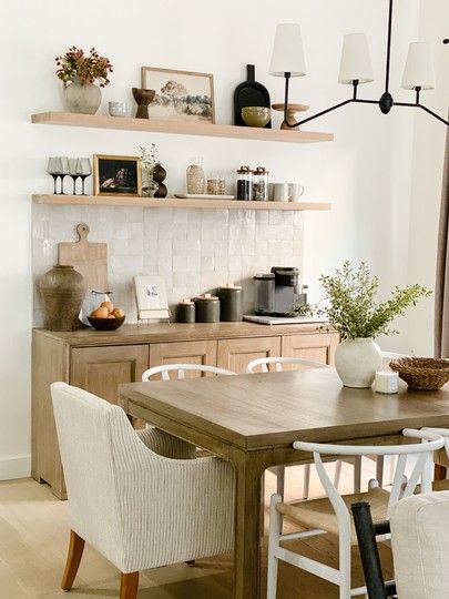 Dining Room With Bar Area, Light Wood Dining Room, Jaci Daily, Dining Room Coffee Bar, Dining Room Shelves, Earthy Decor, Buffet Decor, Dining Room Hutch, Dining Room Sideboard