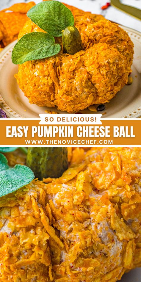 A shredded cheddar and cream cheese mixture (with bacon bits!) is shaped like a pumpkin, and rolled in crushed Doritos. A perfect Fall appetizer that everyone will love! Pumpkin Shaped Cheeseball With Doritos, Dorito Pumpkin Cheeseball, Jalapeno Popper Cheese Ball Pumpkin, Doritos Cheese Ball, Dorito Cheese Ball, Cream Cheese Balls Recipe, Pumpkin Cheese Ball, Cream Cheese Snacks, Halloween Cheese