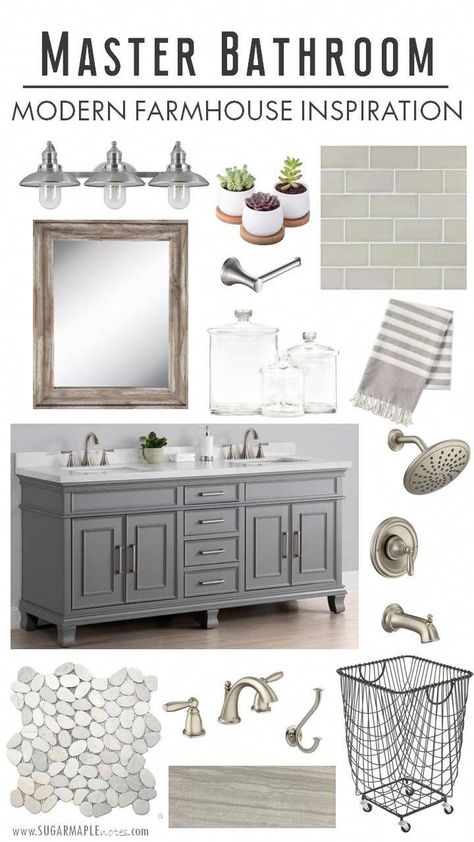 Bathroom Inspiration Grey, Gray Subway Tile, Farmhouse Bathroom Inspiration, Wood Mirrors, Gray Vanity, Farmhouse Interior Design, Pebble Tile, Farmhouse Master, Modern Farmhouse Bathroom