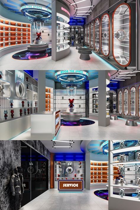 Futuristic Retail Design, Futuristic Retail Store, Toy Store Interior, Futuristic Store, Toy Store Design, Futuristic Decor, Creative Kids Rooms, Retail Store Interior Design, Japandi Living