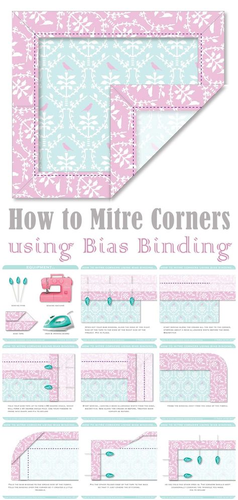 How to Mitre Corners using Bias Binding Mitre Corners Sewing, How To Use Double Fold Bias Tape Quilt Binding, French Fold Binding, Quilt Binding Corners Simple, Bias Binding Corners, Bias Tape Corners, Bias Tape Quilt, Bias Tape Tutorial, Sewing Mitered Corners