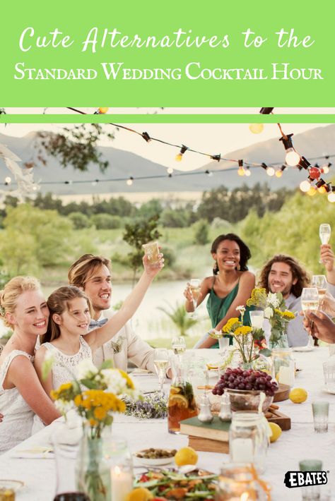 Switch up the traditional order of wedding events with these fun alternatives to the standard wedding cocktail hour. Cheers! Wedding Reception Alternatives, Rehearsal Dinner Outfits, Table Garland, Cocktail Hour Wedding, Dining Etiquette, Geek Decor, Wedding Table Plan, Wedding Toasts, Wedding Planning Websites