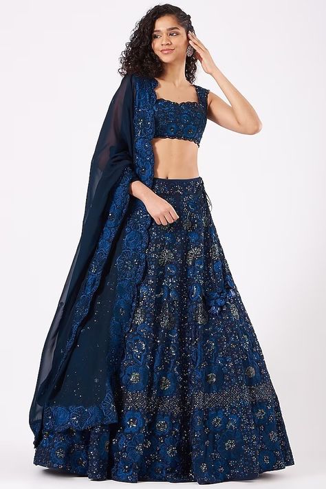 Embroidered Bridal Lehenga, New Lehenga, Blue Bride, Blue Lehenga, Embroidered Lehenga, Aari Embroidery, New Address, Dresses Indian, Party Wear Indian Dresses