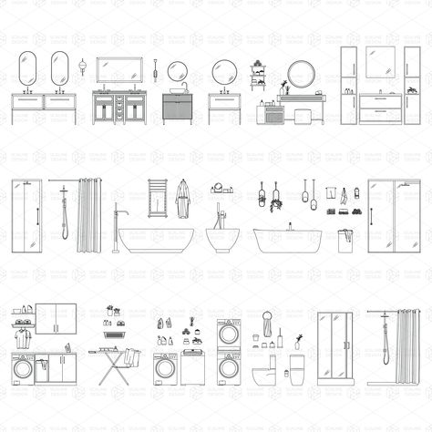 More than 55 drawings are included in this collection of “Bathroom and Laundry” (elevation). Perfect for your architectural drawings, layouts, floor plans, post digital drawings, architectural collage and renderings. File format: Autocad (.dwg) and Adobe Illustrator Vector (.ai) Toilet Elevation Drawing, Toilet Dimension Plan, Shower Architecture, Bathroom Section, Laundry Furniture, Mirror Toilet, Scented Sticks, Bathroom Drawing, Architecture Tools