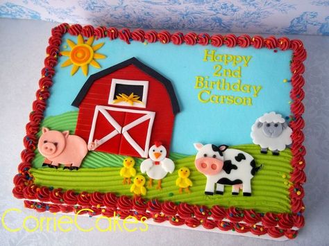 a cute farm cake from CorrieCakes-just love her work! Farm Birthday Cakes, Farm Animal Cakes, Barnyard Birthday Party, Farm Theme Birthday, Farm Animal Party, Farm Themed Birthday Party, Farm Animals Birthday Party, Farm Cake, Barnyard Party