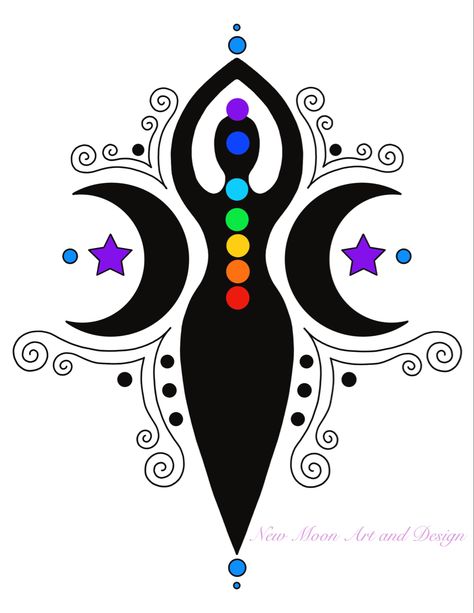 Goddess symbol with crescent moons and chakras #goddess #moongoddess #chakra #moon #crescentmoon #star #newage #wicca #pagan #spiritual Pagan Drawings Art, Moon Goddess Drawing, Moon Tattoo Designs Goddesses, Seven Chakras Art, Goddess Symbol Tattoo, Chakra Drawings, Moon Goddess Painting, Chakra Symbols Art, Moon Goddess Tattoo