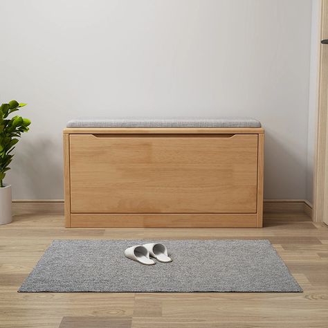 Solid Wood Shoe Storage Bench with Flip-Door Shoe Cabinet Shoe Storage Cabinet Entryway, Flip Door, Shoe Cabinet Design, Shoe Storage Bench Entryway, Bench With Cushion, Shoe Drawer, Wood Shoe Storage, Storage Bench With Cushion, Shoe Storage Bench