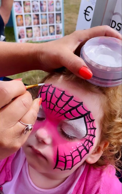 Spider Gwen Face Paint, Ghost Spider Face Paint, Spider Man Face Paint, Spider Face Painting, Spider Face, Pink Spider, Face Paints, Ghost Spider, Kids Face Paint