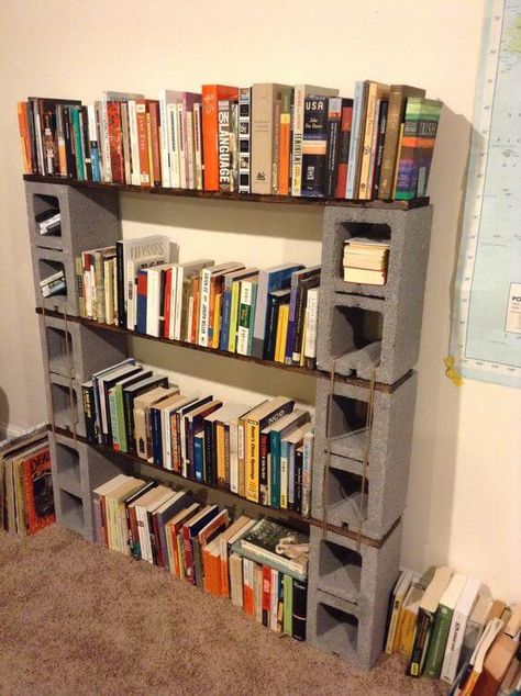 19 Cool Ways To Use DIY Cinder Block For Your Home - 146 Cinder Block Bookshelf, Stained Shelves, Block Shelves, Cinder Block Shelves, Dvd Storage Shelves, Diy Backyard Decor, Cinder Block Furniture, Brick Shelves, Block Furniture