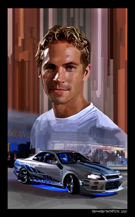 #DANtheMAN607 illustration • Fast and Furious, Paul Walker as Brian O'Conner • 1999 Nissan Skyline GT-R R34 (movie car from second movie) Brain Oconner, Paul Walker Skyline, Paul Walker Art, Brian O'conner, Fast And Furious Paul Walker, Brian O'conner Car, Brian O'conner Skyline, Paul Walker Car, Fast And Furious Paul Walker Car