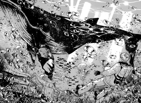 #manga #mangaart #art #illustration #ink #inking #inkillustration #inktober #mangascreencap #screencap #diving #diver #whale #whales #fish #underwater #ocean #oceanlife #reef Whale Sketch, Water Sketch, Underwater Drawing, Fish Sketch, Fish Underwater, Wave Drawing, Planet Drawing, Underwater Ocean, Scratchboard Art