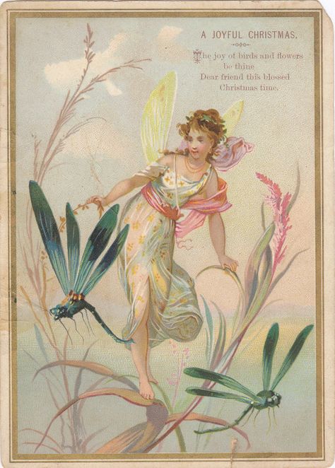 Joy of Birds and Flowers Be Thine- A Joyful Christmas- Fairy Woman and Dragonflies- Victorian Fantasy- 1800s Victorian Fairies, Butterfly Fairies, Woman Flying, Fairy Woman, Christmas Fairies, Blessed Christmas, Fairy Girls, Butterfly Fairy Wings, Fairy Christmas