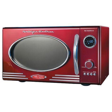 Adds a Nostalgic Touch to your Kitchen, Retro Microwave Oven, Dimensions: 19 inches long x 14 inches wide x 11 inches high - BakingReview.com Retro Microwave, Red Microwave, Retro Kitchen Appliances, Countertop Microwave Oven, Kitchen Retro, Chrome Door Handles, Countertop Microwave, Russell Hobbs, Microwave Ovens