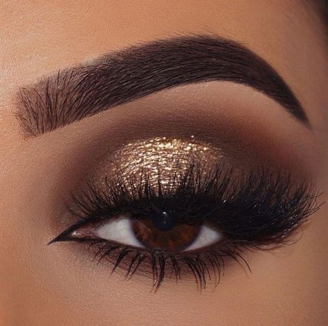 Goldish Eye Makeup, Brown Smokey Eye Glitter, Brown Smokey Eye With Gold Shimmer, Bridesmaids Makeup Smokey Eye, Eye Makeup For Night Wedding, Wedding Makeup For Brown Eyes Dramatic, Smokey Eye With Gold Makeup, 21st Birthday Makeup Ideas Natural, Matric Makeup Ideas