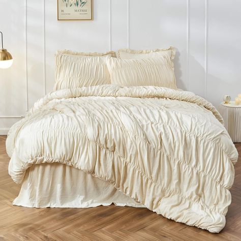 PRICES MAY VARY. Design - Merging innovative abstraction with vintage artistry, our ruched ruffle comforter set offers versatility, year-round use and comfort of an ultra-fine fiber. Fabric - Exquisitely light yet rich in texture, tailored texture’s soft finish accentuates the luxurious touch of our shabby chic bedding set. Masterfully crafted with a lofty fill. What you Get - Over King size comforter (116 x 98”) with 2 standard pillow shams (20 x 36”). Petal-softness, Enveloping feel & Comfortable temperature for Sleeping. Easy Care - Machine washable (in COLD water), avoiding special heavy housework. Hang dry or Tumble dry in LOW. Professional Washing TEST approval, No shrinkage or fade, the boho comforter takes on a NEW look after Test. Warm Tips - Since the ruched comforter set is pack King Bed Set, Shabby Chic Bedding Sets, Ruffle Comforter, King Size Comforter, Queen Size Bed Sets, Boho Comforters, King Size Comforter Sets, King Size Comforters, Chic Bedding