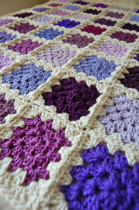 tillie tulip - a handmade mishmosh: Scrappy purple patchwork. Purple Granny Square, Blankets Crochet, Confection Au Crochet, Crocheted Blanket, Crochet Afgans, Crochet Blanket Afghan, Crochet Quilt, Granny Square Blanket, Square Blanket