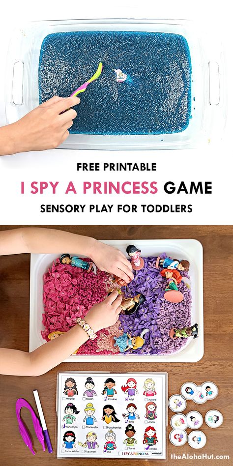 I spy a disney princess sensory bin with colored rice and colored pasta. Download our free disney princess activity page and play a princess matching game while your toddler or preschool kids work on matching skills, hand eye coordination, and their fine motor skills. Lots of creative fun. Add disney princess matching game to taste safe chia seed slime or colored oobleck (recipes included) and play "I Spy a Disney Princess" with your toddler. Great play based learning activity! Fairytale Sensory Activities, Chia Seed Slime, Art Toddlers, June Themes, Fairy Tales Kindergarten, Fairy Tales Preschool, Princess Activities, Sensory Play Toddlers, Fairy Tale Activities