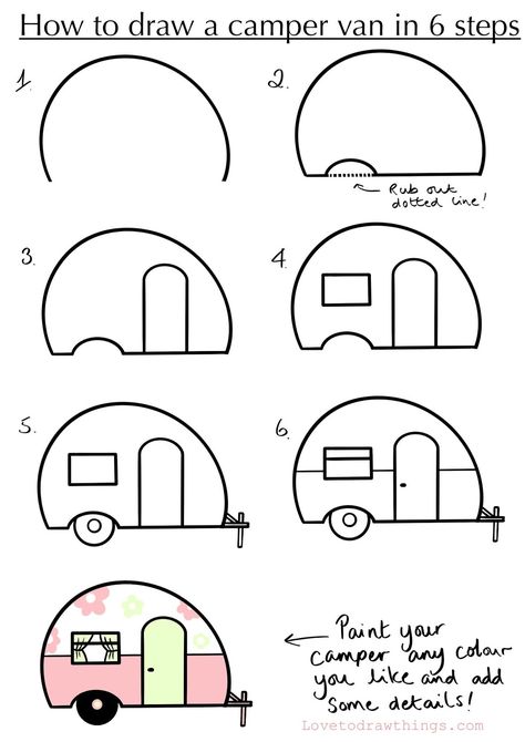 Step By Step Doodles, Camper Drawing, Trin For Trin Tegning, Easy Step By Step Drawing, How To Draw Cute, Draw Cute, Easy Drawings For Kids, Easy Doodle Art, Easy Doodles Drawings