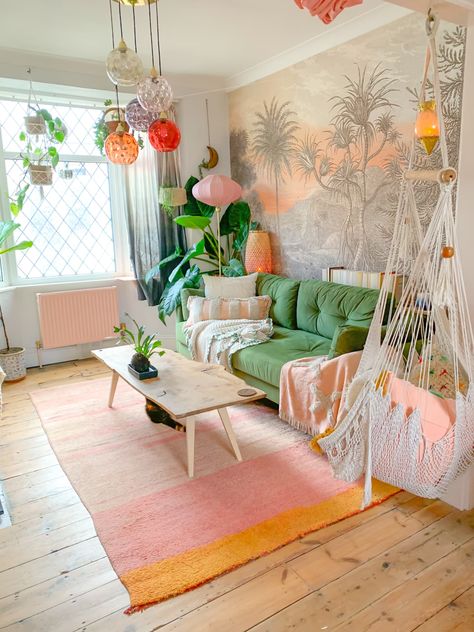 Charlotte Violet Happy Bohemian Home UK Tour Photos | Apartment Therapy Colourful Wallpaper Living Room, Boho Bedroom Colorful Bohemian Style, Boho Living Room Colourful, Living Room With Hammock, Colorful Plant Room, Living Room Designs Wallpaper, Dopamine Living Room, Tropical Apartment Decor, Colourful House Decor