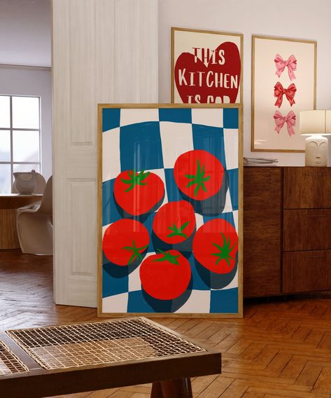 🍅💖 Tomato Love Print - Fun Kitchen Decor for Veggie Enthusiasts 💖🍅 Add a touch of freshness to your kitchen decor with our Tomato Love Print! Featuring charming tomato illustrations and the word "Tomato" on a checkered tablecloth background, this print brings a whimsical and vibrant vibe to any space. As part of our Veggie Kitchen Decor collection, this poster is perfect for veggie enthusiasts and those who appreciate the beauty of fresh produce. Whether displayed in your kitchen, dining are Wall Art Kitchen Ideas, Funky Wall Art Diy, Funky Art Aesthetic, Tomato Decor, Art In Kitchen, Food Illustration Poster, Apartment Paintings, Tomato Poster, Tomato Painting