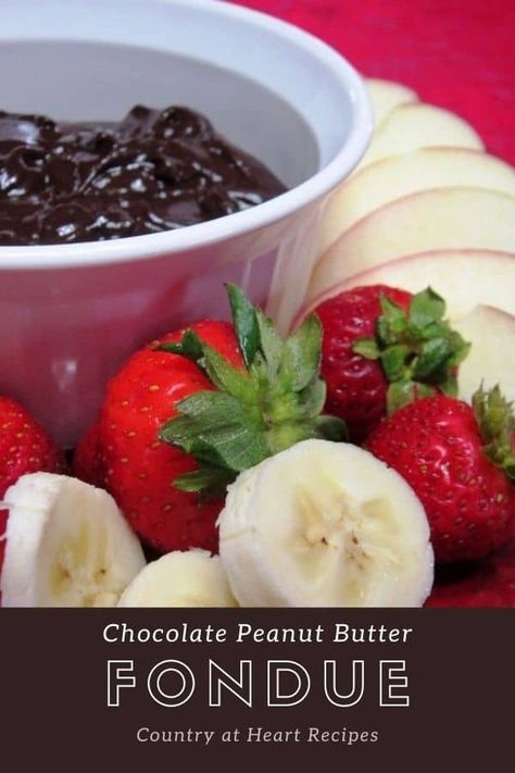 Chocolate Peanut Butter Fondue is sure to delight every chocolate craving you may ever have. It's so delicious. And easy. Melted chocolate mixed with creamy peanut butter used for dipping with your favorite fruits, cake, or cookies.  #chocolatepeanutbutterfondue #fondue #dessert #chocolate #peanutbutter #dippingdesserts #freshfruits #countryatheartrecipes https://countryatheartrecipes.com/2021/01/chocolate-peanut-butter-fondue/ Chocolate Peanut Butter Fondue, Peanut Butter Fondue, Fondue Dessert, Pecan Brittle, Dessert Fondue, Fruits Cake, Chocolate Peanutbutter, Heart Recipes, Brittle Recipes