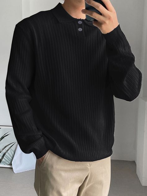 Black Casual Collar Long Sleeve Fabric Plain Pullovers Embellished Slight Stretch  Men Knitwear Polo Outfit Men, Black Sweater Outfit, Sweater Outfits Men, Knit Sweater Outfit, Polo Shirt Outfits, Shirt Outfit Men, Polo Outfit, Pullovers Outfit, Big Men Fashion