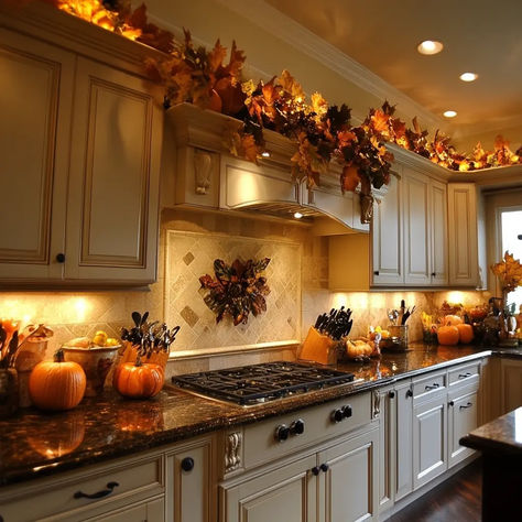 44 Stunning Fall Kitchen Design Ideas - Edward George Fall Decor Kitchen, Above Kitchen Cabinets, Fall Kitchen Decor, Fall Decor Ideas, Fall Thanksgiving Decor, Modern Fall, Fall Kitchen, Fall Halloween Decor, Decoration Inspiration