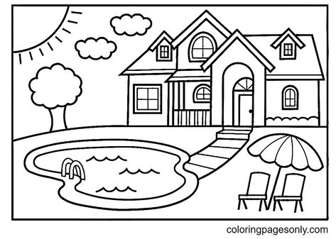 House with Pool Coloring Page Knitted Flowers Free, Ryan Sullivan, House Coloring Pages, House With Pool, English Phrases Sentences, House Colouring Pages, Detailed Coloring Pages, Kids Focus, Knitted Flowers