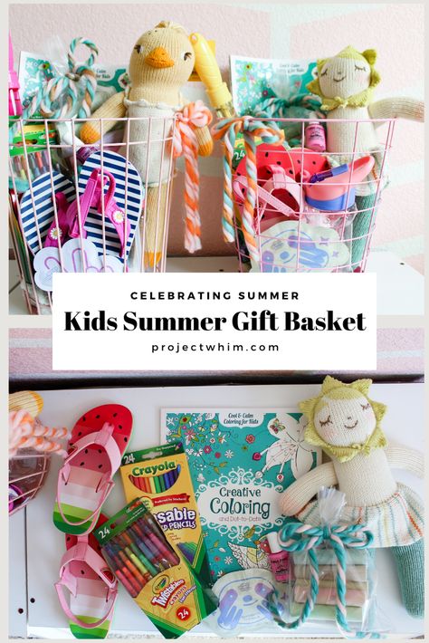 Summer Gift Basket For Kids. Birthday Gift Ideas for Kids. Project Whim Summer Gift Basket Ideas For Kids, Summer Gift Ideas For Kids, Summer Baskets For Kids, Kids Summer Basket, Summer Gift Baskets For Kids, Summer Basket For Kids, Kids Hamper Ideas, Birthday Hamper Ideas Kids, Birthday Hampers For Kids