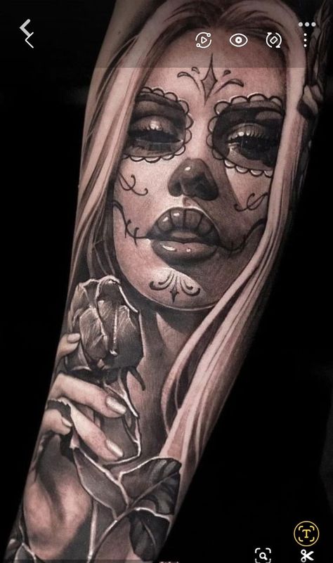 Day Of Dead Girl Tattoo, Mexican Skull Tattoos Women, Skull Lady Tattoo, Chicano Girl Tattoo, Dia De Los Muertos Tattoo Ideas, Day Of The Dead Tattoos, Day Of The Dead Girl Tattoo, Payasa Tattoo, Sacred Geometry Tattoos