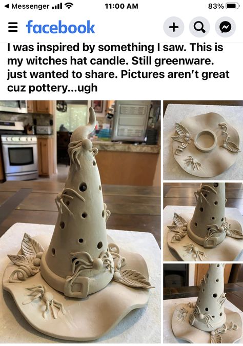 Witches Hat Pottery, Ceramic Witches Hat, Clay Witches Hat, Air Dry Clay With Crystals, Ceramic Witch Hat, Fall Pottery Ideas, Halloween Pottery Ideas, Pottery Witch, Clay Sculpture Ideas For Beginners