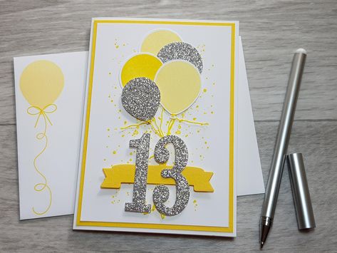 This 13th Birthday Card can be customised for anyone, you can choose the age and the colour to suit your recipient.  You can be sure that no-one else will be giving her this same card, as it's not available anywhere else.  Please just ensure you select the colour you want from the drop-down menu, along with the age, or let me know if you are wanting a custom age in the 'Personalisation' Section. 💌 WHAT IS INCLUDED: 1 x Greeting Card C6 size - 10.5cm x 15cm (4.1in x 5.9in) 1 x Envelope, C6 size - 11.5cm x 16cm (4.5in x 6.3in) (The pen is not included.) Add a matching Gift Wrapping Set: https://www.etsy.com/au/listing/850491054/handstamped-balloon-tissue-wrap-handmade 🚚 DELIVERY Most items are ready to ship within 1 day of cleared payment. If you are ordering multiples or custom designs, t Balloon Cards, 21st Birthday Card, Stamping Projects, 21st Birthday Cards, 60th Birthday Cards, Girl Birthday Cards, Make Your Own Card, Cards Making, Card Crafting