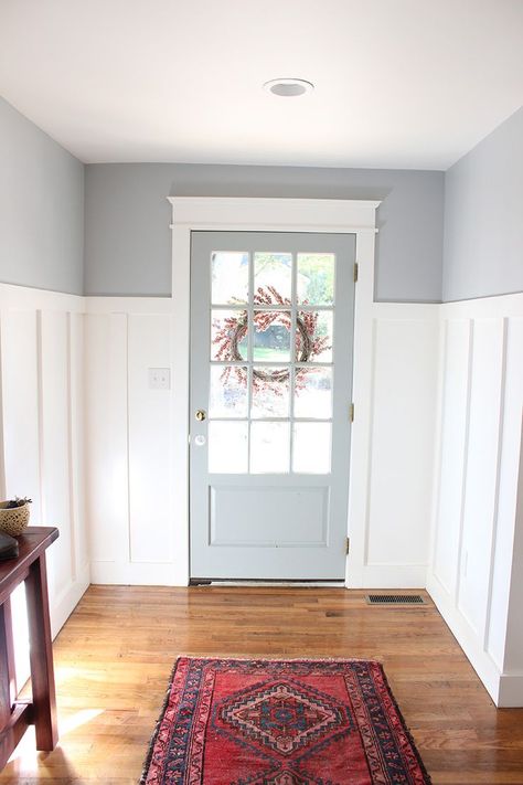 From Blue to Gray Entryway - thewhitebuffalostylingco.com Benjamin Moore Silver Lake Benjamin Moore Silver Lake, Gray Entryway, Light Blue Grey Paint, Blue Gray Paint Colors, Vstupná Hala, Blue Gray Paint, Wood Walls, Light Wood Floors, Grey Paint Colors