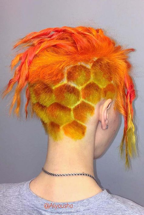 31 Different And Creative Undercut Designs For Bold Modern Ladies Orange And Yellow Hair, Shaved Head Designs, Yellow Hair Color, Undercut Designs, Shaved Hair Designs, Hair Dyed, Fire Hair, Hair Patterns, Hair Tattoos