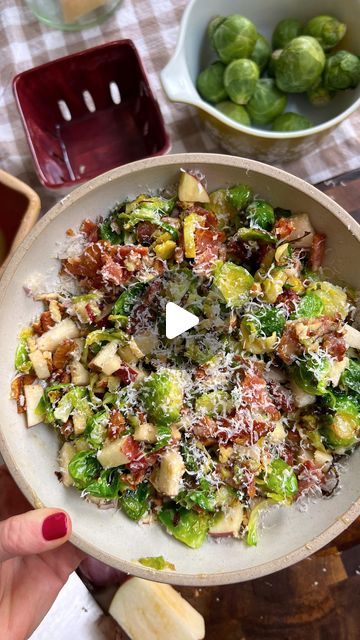 Skylar Sokolowski on Instagram: "BRUSSELS SPROUT SALAD WITH CREAMY MAPLE DRESSING 🍁

Winter is for baked salads😌and this one has been a go to recently—wait until you try the dressing 🤌 I do recommend buying a bag of already shaved Brussel sprouts, rather than shaving them yourself🙃🔪 

Recipe 
- Start by thinly slicing 2 cups of brussels sprouts (or buy them shaved) add this to a pan on medium heat with 2 tablespoons of oil. Pan fry until golden brown and it starts to get crispy—about 6 to 7 minutes. 
- Add this to a bowl, along with 1/2 cup of diced apple, 1 tbsp of finely diced shallot, 1/4 cup of chopped pecans, 1/2 cup of chopped bacon, and 1/2 cup of shredded parm. 
- Whisk together the creamy maple dressing—1 tbsp of maple syrup, 1 tsp of apple cider vinegar, juice of 1/2 a lemon Baked Brussel Sprout Salad, Baked Salads, Baked Brussel Sprouts, Recipe Vegetables, Maple Dressing, Suddenly Salad, Shaved Brussel Sprouts, Brussels Sprout Salad, Sprout Salad