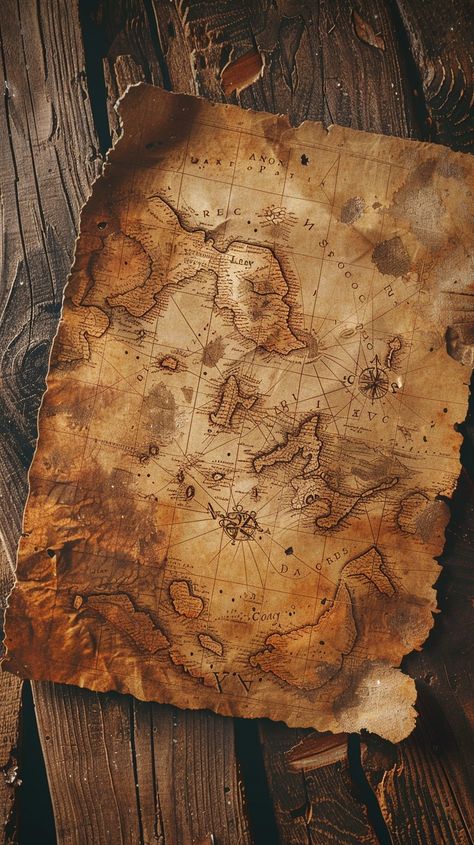 Ancient Treasure Map: An old, weathered treasure map rests atop a rustic wooden surface, evoking a sense of adventure. #historicalrelic #ancientmysteries #vintagediscovery #historicaladventures #quests #digitalart #artificialphotography #stockcake ⬇️ Download and 📝 Prompt 👉 https://stockcake.com/i/ancient-treasure-map_684162_863397 Buried Treasure Aesthetic, Treasure Map Design, Fantasy Maps Aesthetic, Map Making Aesthetic, Found Treasure, Treasure Hunting Aesthetic, Map Project Ideas, Pirate Map Aesthetic, Treasure Hunt Aesthetic