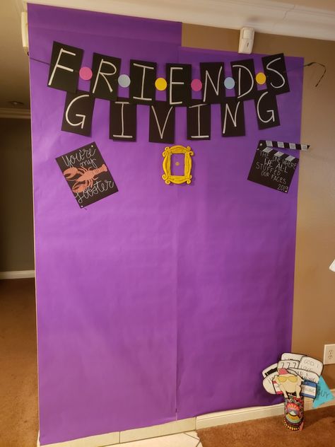 Friendsgiving, friends tv show, backdrop, photo booth Friendsgiving Backdrop, Friends Bridal Shower Theme, Thanksgiving Backdrop, Friend Game Night, Friendsgiving Dinner Party, Thanksgiving Party Decor, Tv Trivia, Gold Champagne Flutes, Friendsgiving Decorations