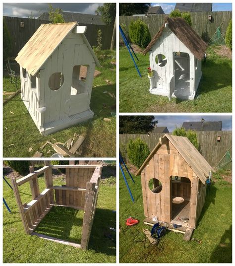 #Garden, #Kids, #PalletHut, #RecyclingWoodPallets I had a look over the internet how to make a playhouse for kids. I saw many projects and figured I should start with this rather than making myself a shed! My neighbor could source pallets, so this was pretty easy to start. I had some leftover deck Playhouse For Kids, Pallet Dog House, Pallet Kids, Pallet Playhouse, Repurpose Pallets, Pallet Shed, Garden Kids, Wendy House, 1001 Pallets