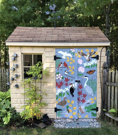 Garden Shed Doors — Hannah Rosengren Studio Shed Painting Ideas, Garden Shed Doors, Shed Painting, Painted Garden Sheds, Small Garden Shed, Painted Shed, Outdoor Painting, Door Mural, Garden Mural