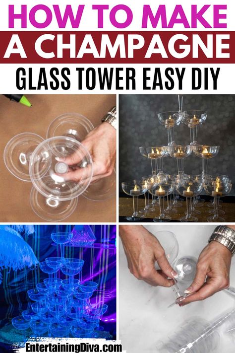 How To Make A Champagne Glass Tower With Plastic Glasses Roaring 20s Table Centerpieces, Diy Gatsby Decorations, Gatsby Centerpiece Ideas, Great Gatsby Party Decorations, Plastic Champagne Glasses, Gold Votive Candle Holders, Speakeasy Party, Easy Party Decorations, Plastic Glasses