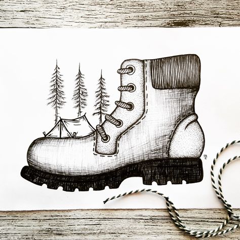 Wander Drawing Ideas, Hiking Boot Drawing, Hike Drawings, Hiking Boots Drawing, Wander Drawing, Hike Drawing, Hiking Doodles, Hiking Sketch, Explorer Drawing