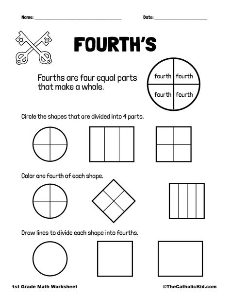 Fractions - Fourths - Quarters - 1st Grade Math Worksheet Catholic - TheCatholicKid.com Fractions Activities 1st, Halves And Quarters Worksheet, Fractions Worksheets 1st Grade, Fraction Worksheets 1st Grade, Fractions Grade 1 And 2, Tk Worksheets, Grade 4 Math Worksheets Fractions, Simple Fractions Worksheets, Maths Worksheet For Class 5 Fraction