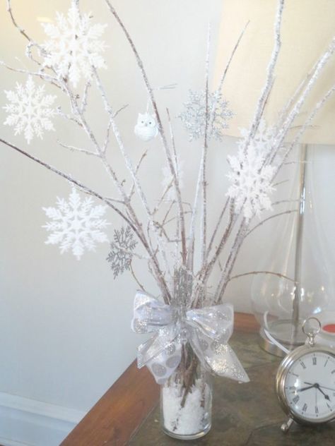 DIY Snowy Branches Centerpieces | Winter Wonderland Party Ideas Snow Themed Table Decorations, Centerpieces For Winter Wonderland Theme, Winter Wonderland Sweetheart Table, Diy Tissue Paper Backdrop, Winter Wonderland Mason Jar Centerpieces, Winter Party Centerpiece Ideas, Winter Onederland Games First Birthdays, Fairy Winter Wonderland, Winter Wonderland Banquet Decor