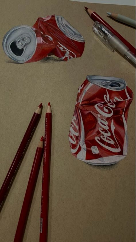 Crushed Coke Can, Can Of Coke, Colored Pencil Artwork Ideas, Pencil Shading Techniques, Coke Can, Abstract Pencil Drawings, A Level Art Sketchbook, Still Life Images, Colored Pencil Artwork