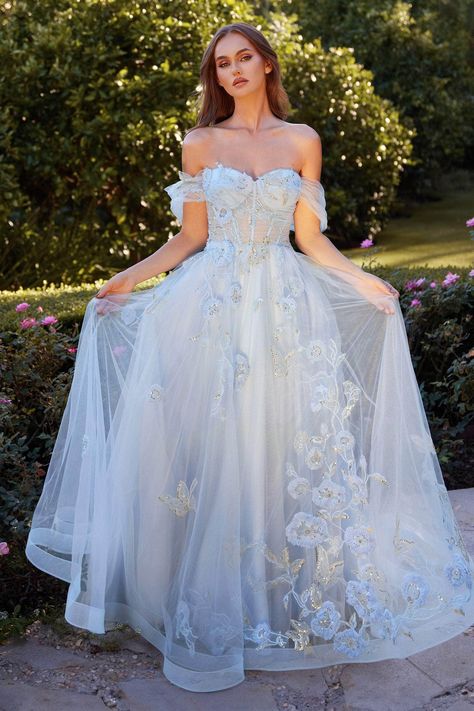 Andrea and Leo A1246 - Off Shoulder A-Line Evening Dress Long Ball Dresses, Corset Ball Gowns, Andrea And Leo, Off Shoulder Ball Gown, Blue Evening Gowns, Formal Ball Gown, A Line Evening Dress, Blue Dress Formal, Prom Ball Gown