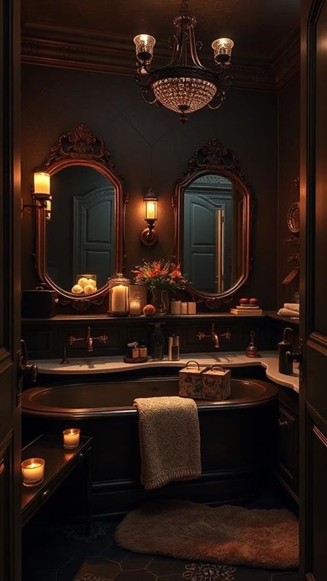 Create a Dark Moody Bathroom: Step-by-Step Guide Dark And Moody Home Aesthetic, Dark Victorian Aesthetic Home, Dark Moody Home Aesthetic, Moody Cottage Bathroom, Curtain Shower Ideas, Guest Bathroom Color Scheme Ideas, Moody Aesthetic Home, Bathroom Aesthetic Dark, Guest Bathroom Colors Scheme