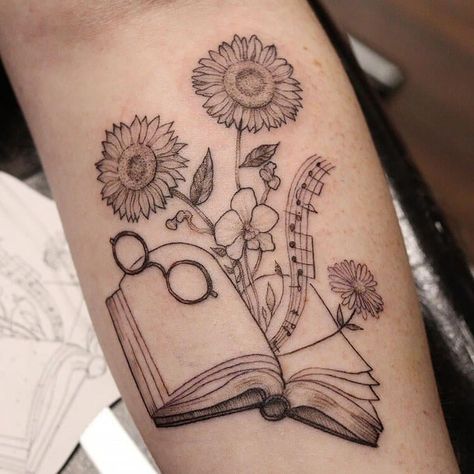 Tattoos With Books And Music, Books And Music Tattoo Ideas, English Major Tattoo Ideas, Book With Music Notes Tattoo, Book And Music Tattoo Ideas, Book Hip Tattoo, Book Music Tattoo, Book Tattoo Ankle, Book Memorial Tattoo